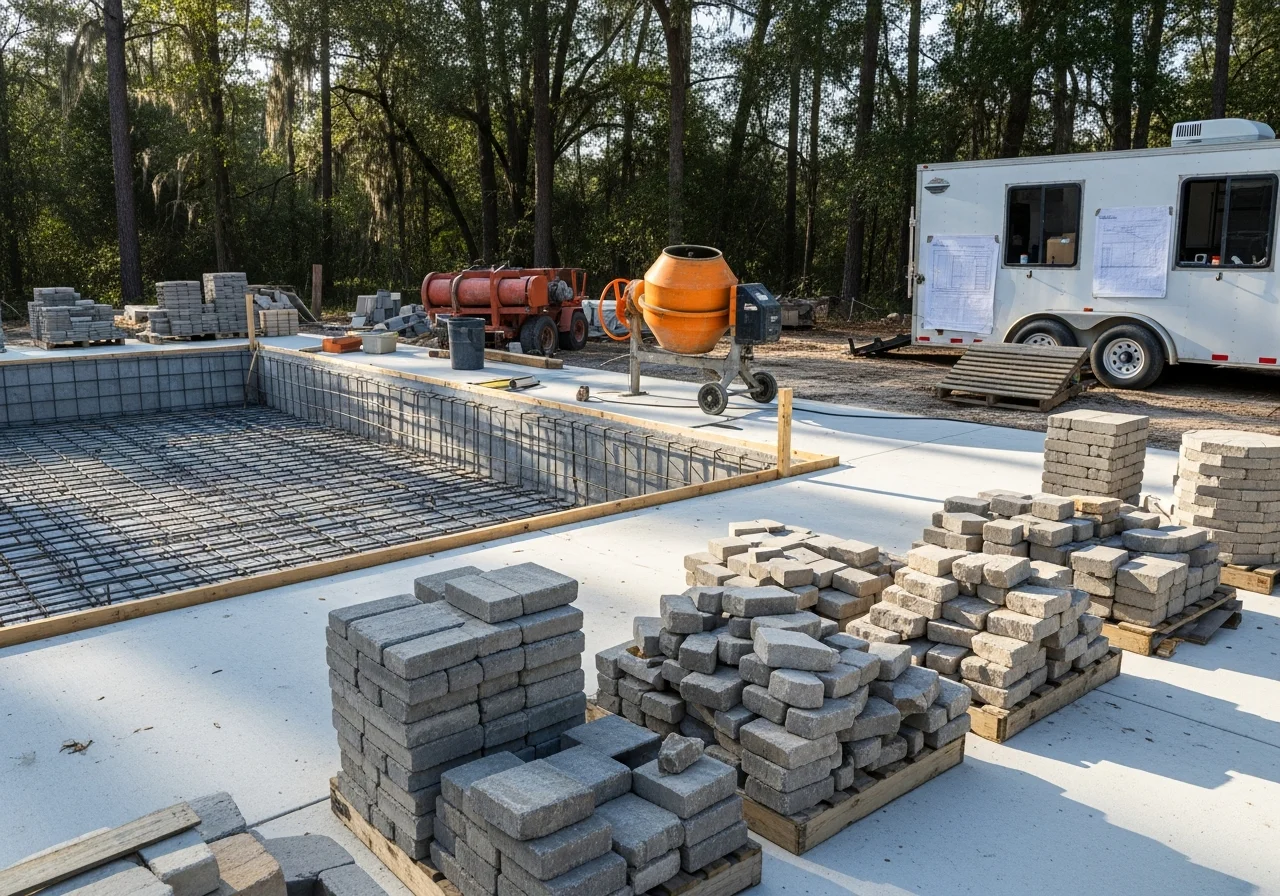 Pool construction site with concrete work in progress, equipment, and hardscape materials staged for installation.