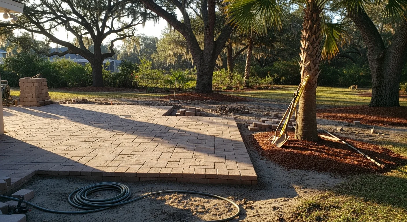 Landscaped backyard with pavers, artificial turf, and integrated outdoor living space
