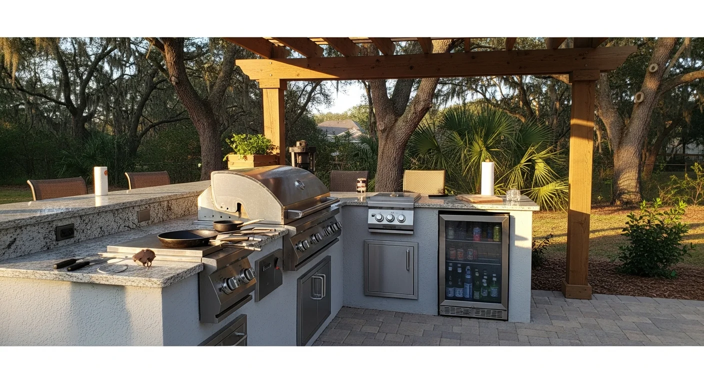 Custom outdoor kitchen with countertops, appliances, and seating area in backyard
