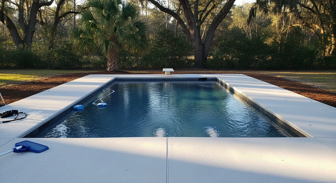 Custom residential swimming pool with lighting and water features in a backyard setting