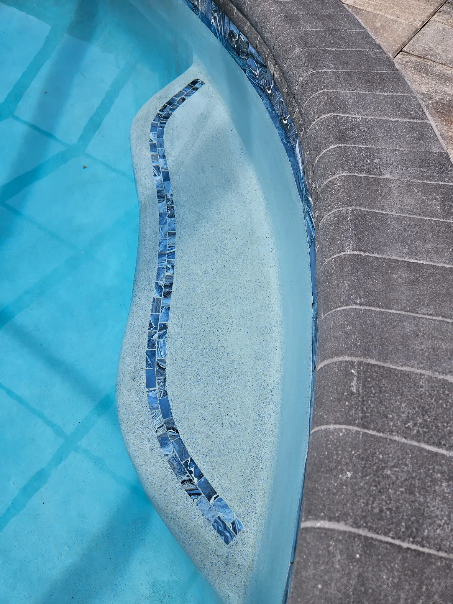 Swimming pool with turquoise water and decorative blue tile waterline border