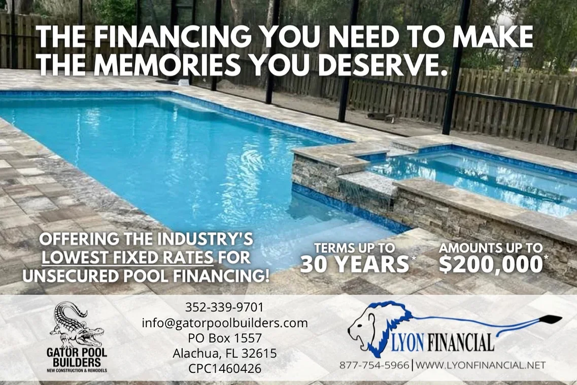 Completed residential pool with spa, stone coping, and paver deck in Alachua