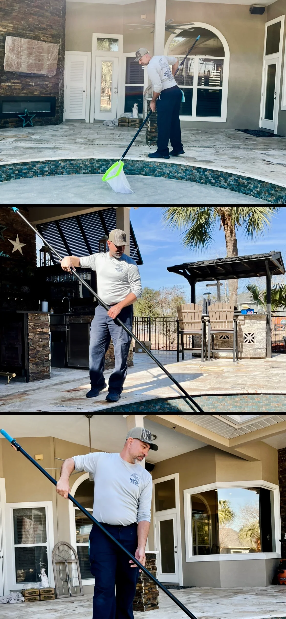 Pool technician cleaning residential swimming pool with net and maintenance equipment