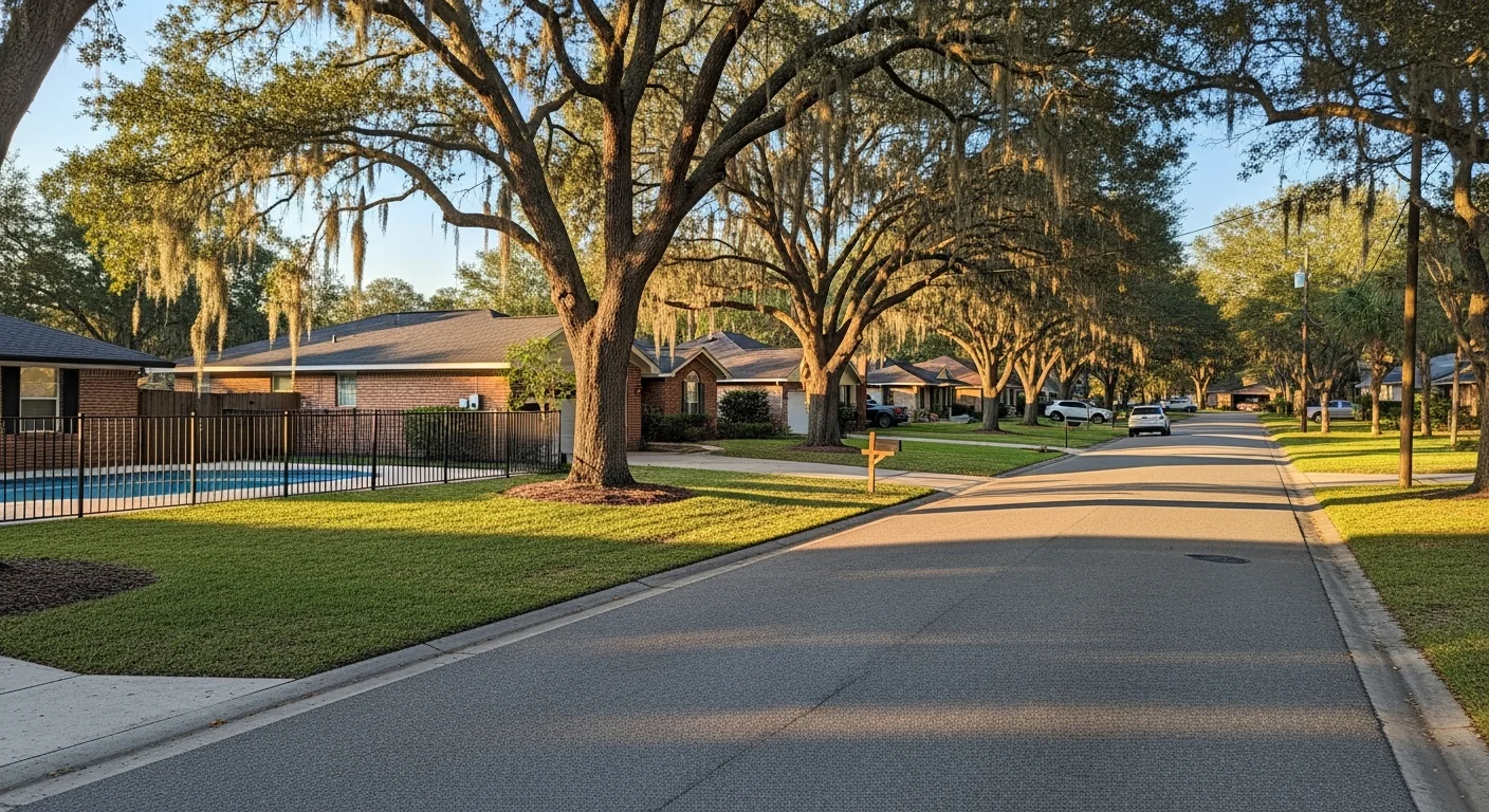 Residential street in Gainesville with mixed-style homes, mature trees, and well-maintained yards.