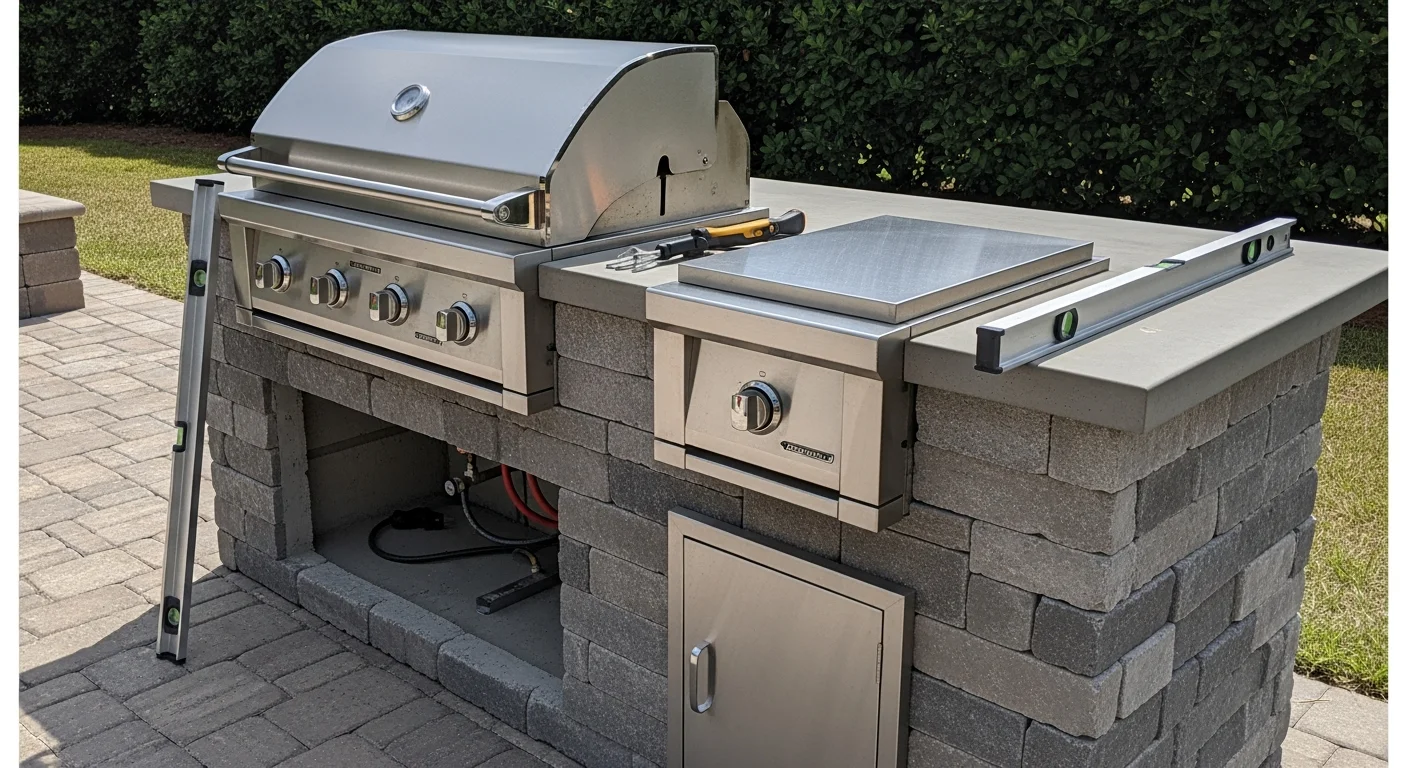 A built-in stainless steel grill and outdoor refrigerator installed into a concrete outdoor kitchen island in a Micanopy backyard. The appliances are flush-mounted and connected, with a covered patio structure overhead.