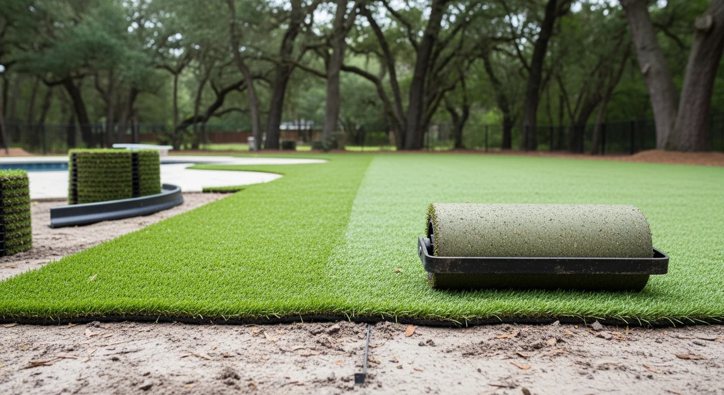 Freshly installed artificial turf in a residential backyard in Micanopy, Florida, showing a smooth green surface next to a pool with clean edges and no bare spots. The yard reflects a low-maintenance landscape setup suited to North Central Florida's wet and sunny climate.