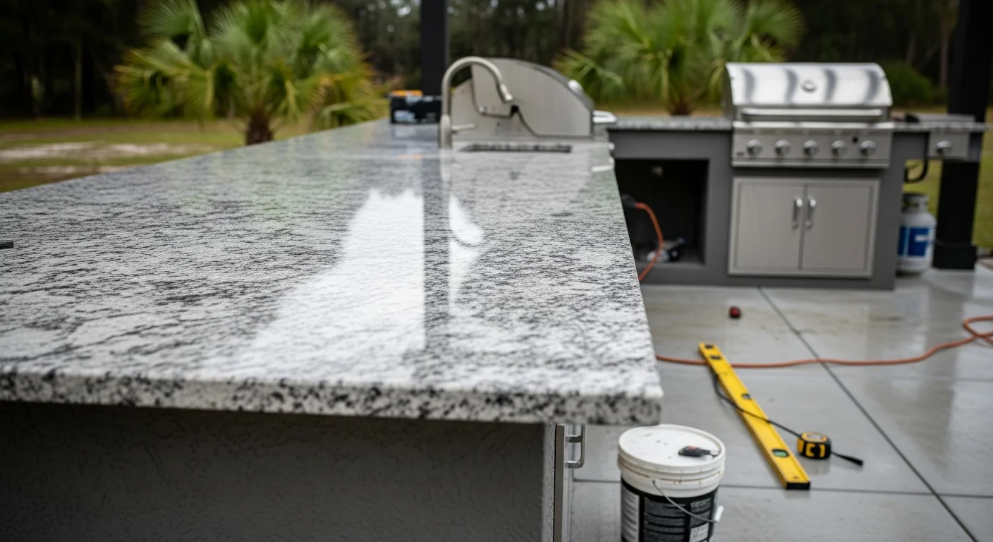 Finished outdoor kitchen countertop installed on a backyard grill island in Micanopy, Florida, with a smooth stone surface and clean edge detail. The countertop sits adjacent to a built-in grill under open sky, showing the completed installation in a residential outdoor kitchen setting.
