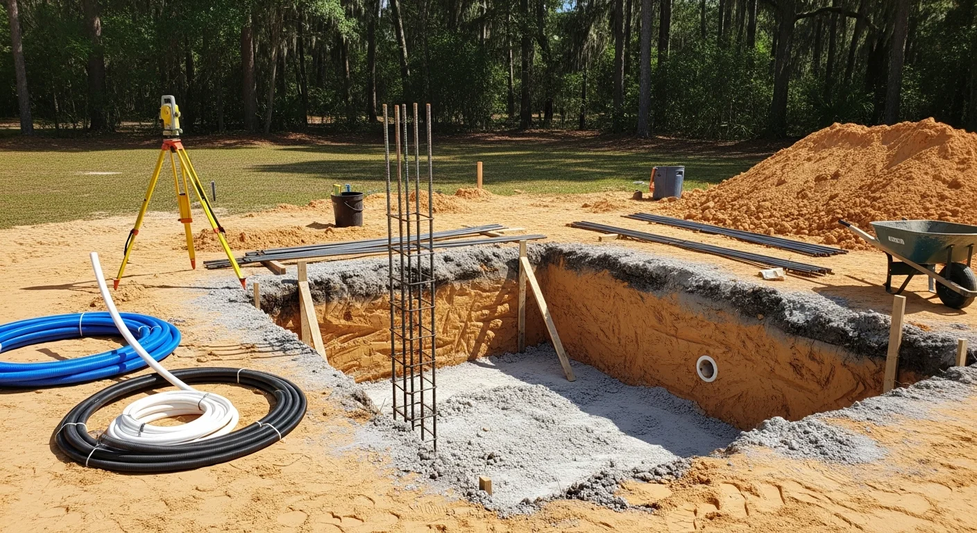A finished custom inground pool with a paved deck and spa in a residential backyard in Micanopy, Florida. The pool features clean geometric lines and clear blue water surrounded by mature Florida landscaping.