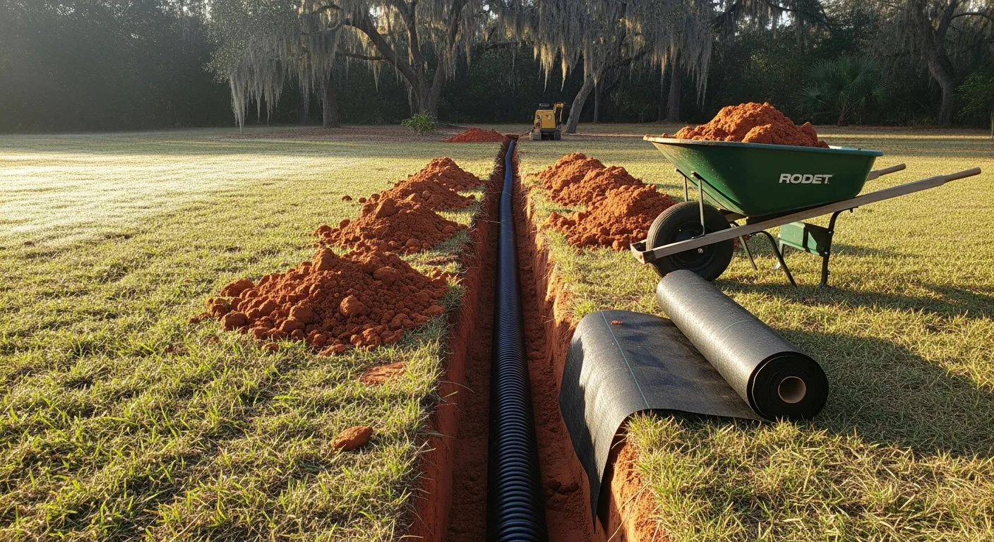 A newly installed French drain running along the edge of a residential yard in Micanopy, Florida, with gravel-filled trench and perforated pipe visible before backfill. The surrounding lawn shows flat, open terrain typical of North Central Florida properties.