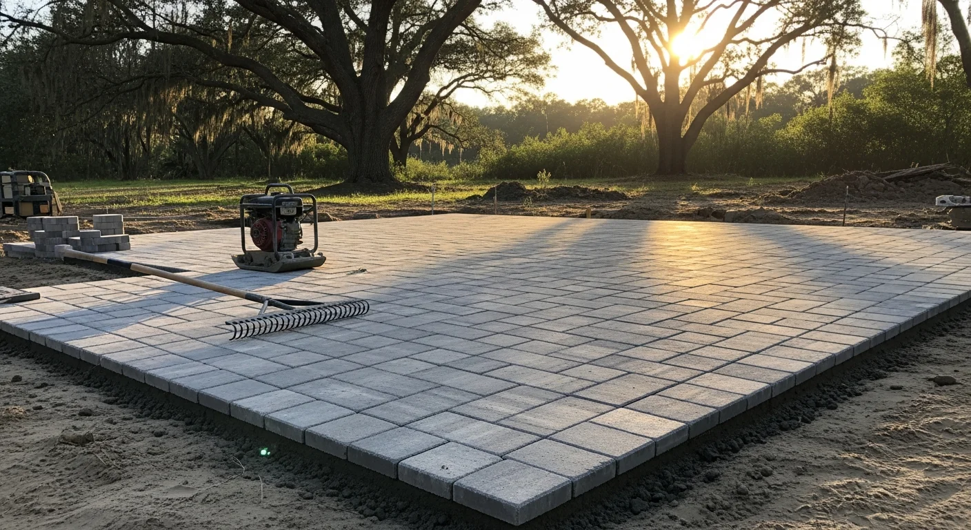 A finished paver patio installed by Gator Pool Builders at a residential property in Micanopy, Florida, with a graded surface and clean edge borders set against a backdrop of mature oak trees. The hardscape connects to a walkway leading toward the home's rear entrance.