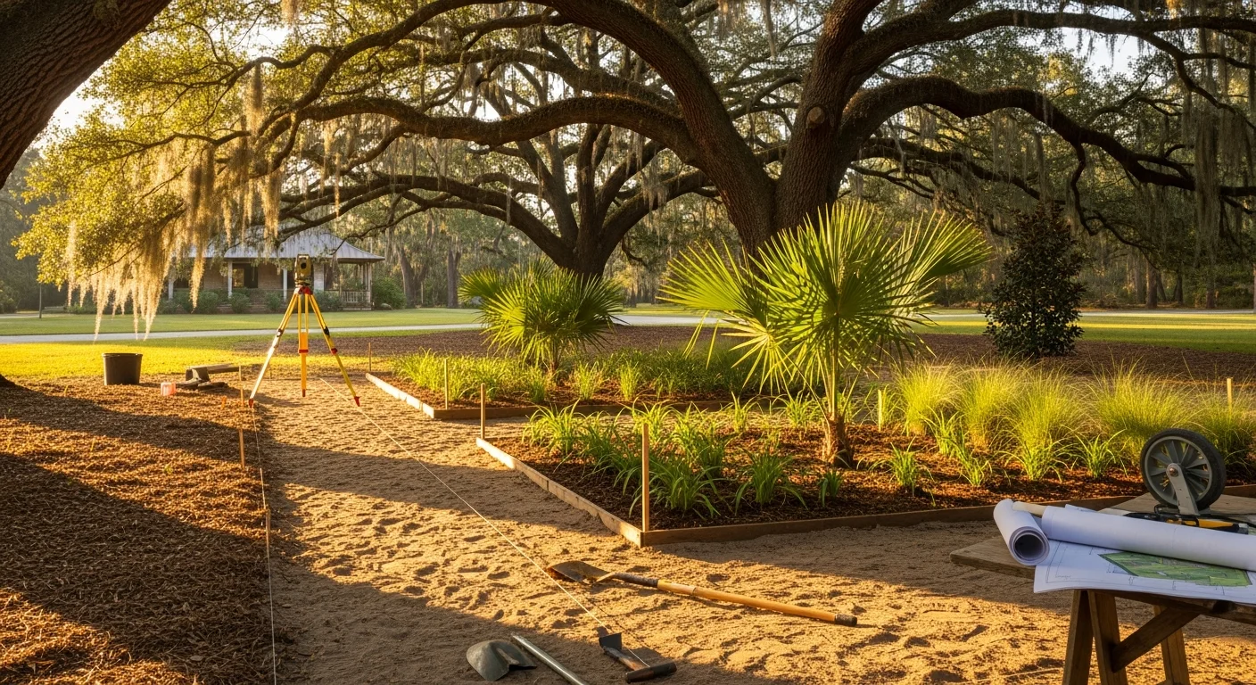 A professionally designed residential landscape on a spacious Micanopy, Florida property, featuring layered planting beds, a graded lawn, and mature live oak trees with Spanish moss overhead. The design connects the home's historic facade to a structured outdoor space suited to north-central Florida's climate.