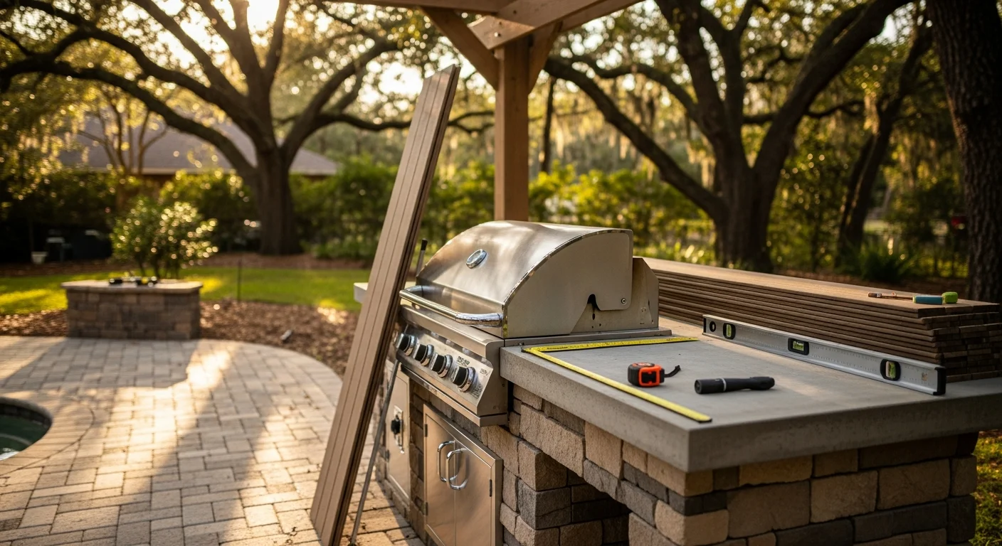 Custom outdoor kitchen design installed in a Micanopy, Florida backyard, featuring a built-in grill station, prep counter, and covered overhead structure adjacent to a residential pool area. The layout reflects north-central Florida's open backyard style with materials suited to the local humid climate.