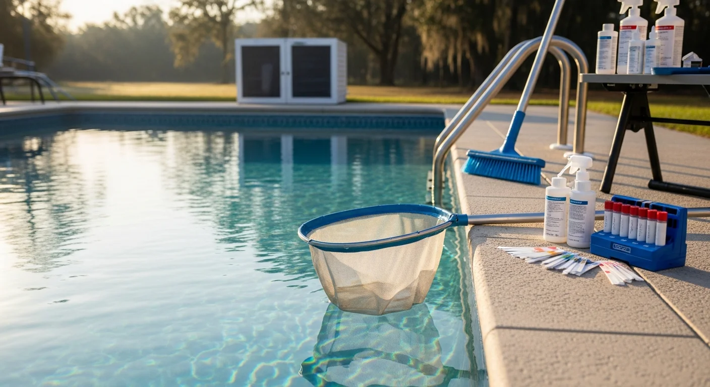 A clear, blue residential pool with clean tile lines and calm water in a Micanopy, Florida backyard surrounded by mature trees. A pool technician from Gator Pool Builders tests the water chemistry poolside.