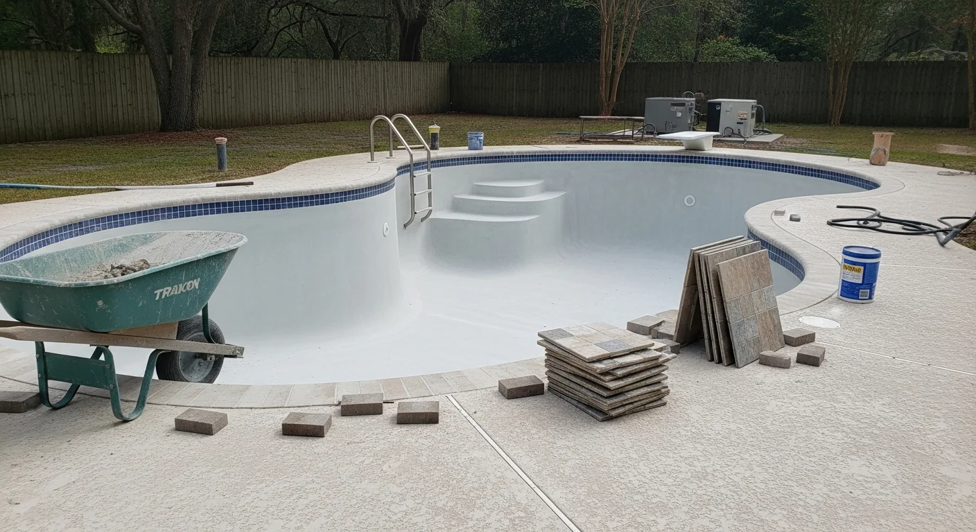 A freshly remodeled inground pool in a Micanopy, FL backyard showing new interior surface, updated tile and coping, and resurfaced pool deck surrounded by mature Florida trees. The pool water is clear and the deck surface is clean and even.