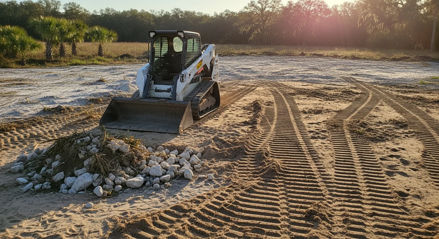A freshly graded residential lot in Micanopy, Florida with smooth, compacted soil and clear drainage channels shaped along the property edges. The cleared site is ready for landscape or pool construction, with surrounding mature trees preserved along the lot boundary.