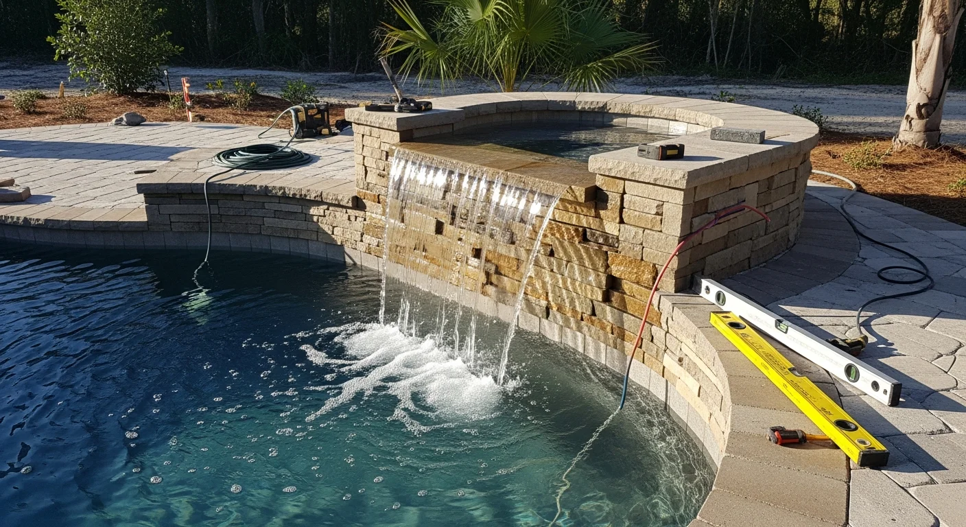 A custom pool waterfall installed by Gator Pool Builders at a residential property in Micanopy, Florida, with water cascading into a backyard inground pool surrounded by lush landscaping. The feature is photographed in natural daylight against a typical Alachua County backyard setting.